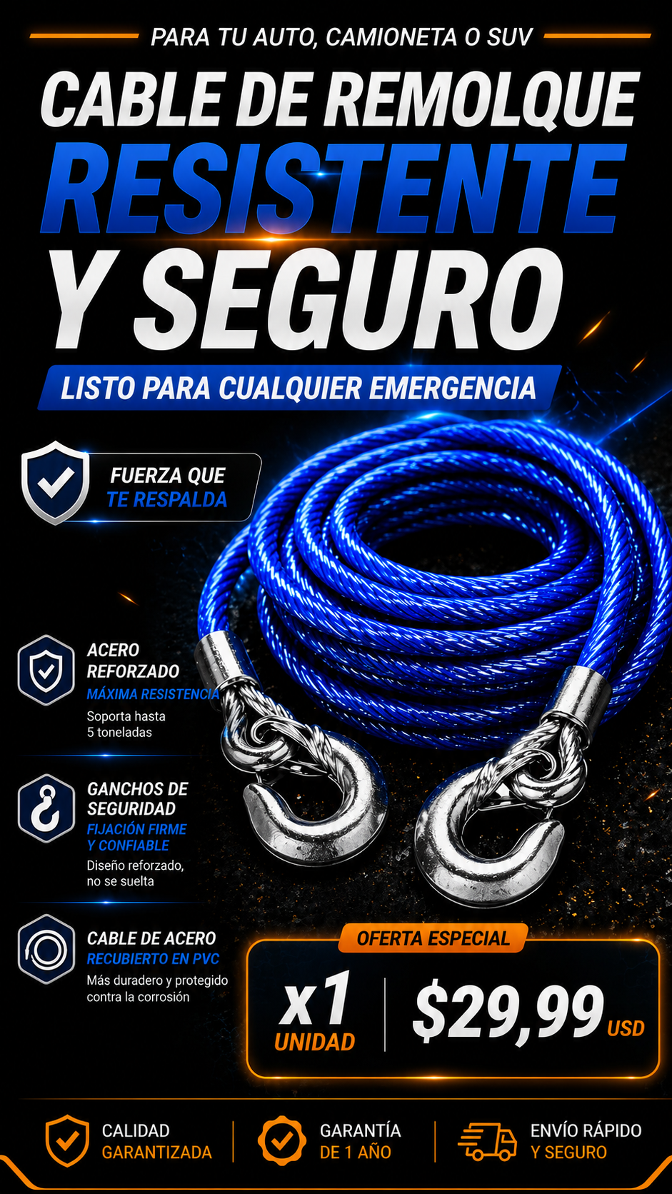 Cable de Remolque con Ganchos de Acero